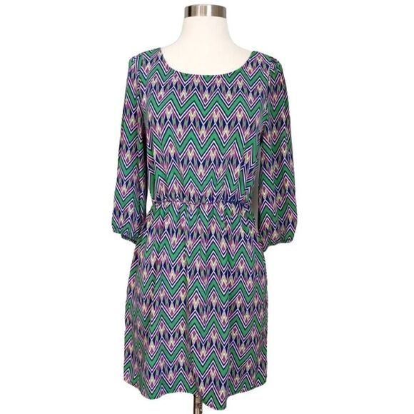 Hello Miss Chevron Dress Purple Pink Green 3/4 Sleeve Elastic Waistband Size M B - Picture 1 of 6